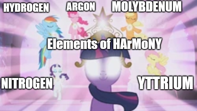 (Chemical) elements of harmony | MOLYBDENUM; ARGON; HYDROGEN; Elements of HArMoNY; NITROGEN; YTTRIUM | image tagged in elements of harmony | made w/ Imgflip meme maker