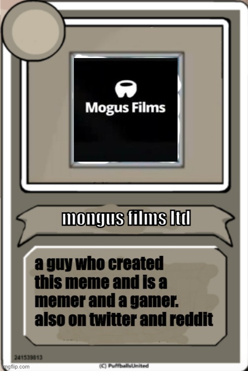 Character Bio | mongus films ltd; a guy who created this meme and is a memer and a gamer. also on twitter and reddit | image tagged in character bio | made w/ Imgflip meme maker