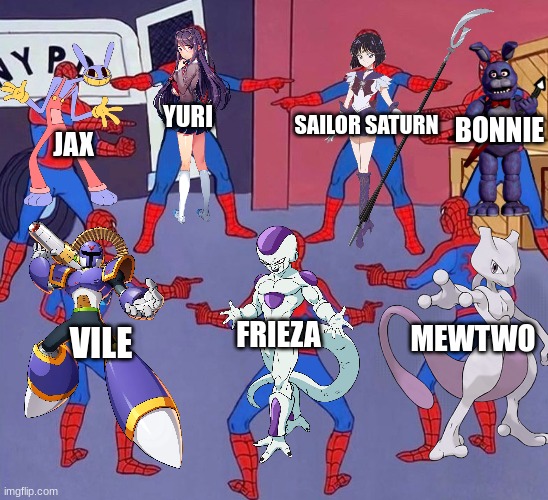 Characters that are colorized by purple | YURI; SAILOR SATURN; BONNIE; JAX; MEWTWO; FRIEZA; VILE | image tagged in the amazing digital circus,doki doki literature club,sailor moon,megaman x,dragon ball z,pokemon | made w/ Imgflip meme maker