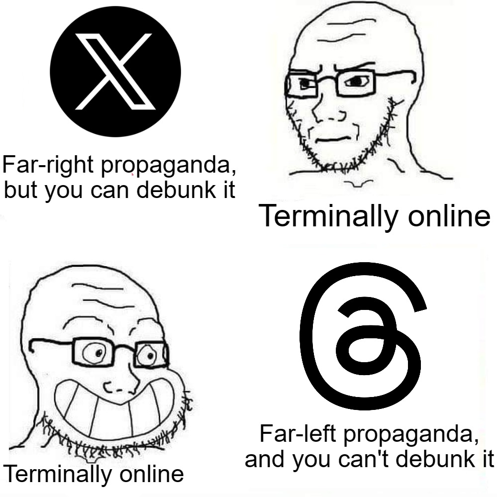 Free speech defeats propaganda | Far-right propaganda,
but you can debunk it; Terminally online; Far-left propaganda,
and you can't debunk it; Terminally online | image tagged in so true wojak | made w/ Imgflip meme maker