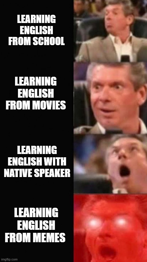 How do you learn English | LEARNING ENGLISH FROM SCHOOL; LEARNING ENGLISH FROM MOVIES; LEARNING ENGLISH WITH NATIVE SPEAKER; LEARNING ENGLISH FROM MEMES | image tagged in funny memes | made w/ Imgflip meme maker