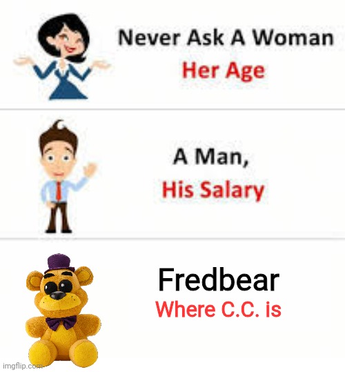 Never ask a woman her age | Fredbear; Where C.C. is | image tagged in never ask a woman her age | made w/ Imgflip meme maker