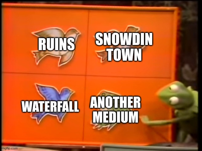 one of these things is not like the others | SNOWDIN TOWN; RUINS; WATERFALL; ANOTHER MEDIUM | image tagged in one of these things doesn't belong | made w/ Imgflip meme maker