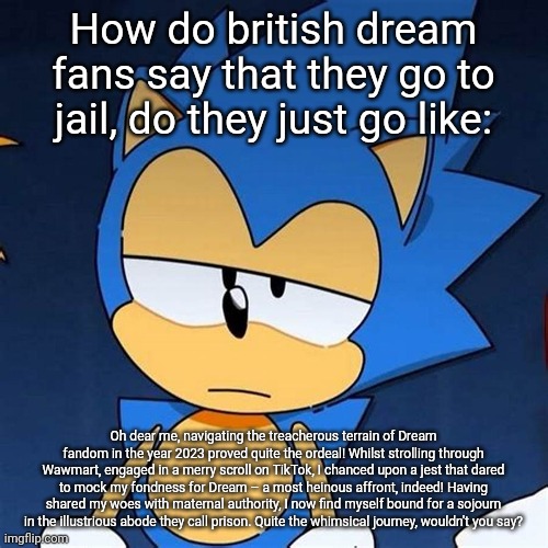 bruh | How do british dream fans say that they go to jail, do they just go like:; Oh dear me, navigating the treacherous terrain of Dream fandom in the year 2023 proved quite the ordeal! Whilst strolling through Wawmart, engaged in a merry scroll on TikTok, I chanced upon a jest that dared to mock my fondness for Dream – a most heinous affront, indeed! Having shared my woes with maternal authority, I now find myself bound for a sojourn in the illustrious abode they call prison. Quite the whimsical journey, wouldn't you say? | image tagged in bruh | made w/ Imgflip meme maker