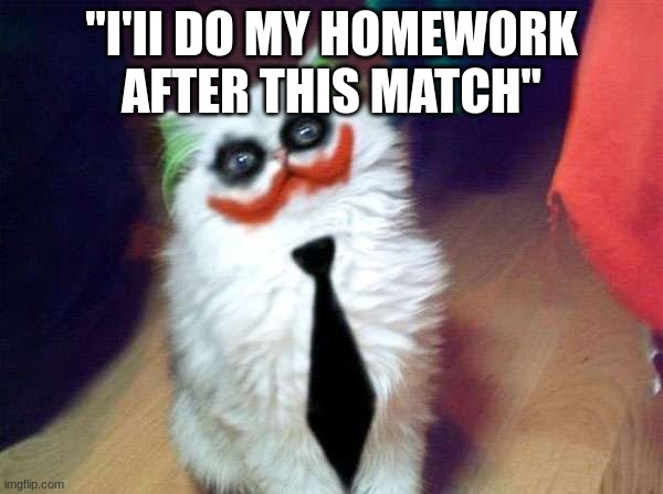 fr | "I'II DO MY HOMEWORK AFTER THIS MATCH" | image tagged in clown cat | made w/ Imgflip meme maker