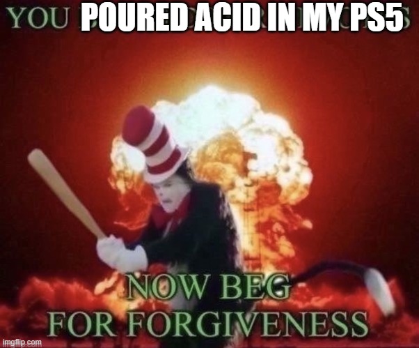Beg for forgiveness | POURED ACID IN MY PS5 | image tagged in beg for forgiveness | made w/ Imgflip meme maker