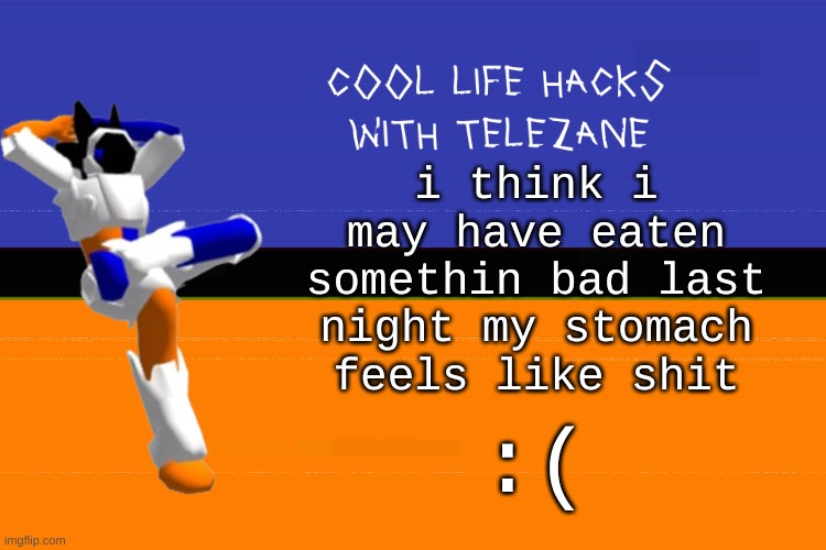 zad :( | i think i may have eaten somethin bad last night my stomach feels like shit; :( | image tagged in cool life hacks with telezane | made w/ Imgflip meme maker