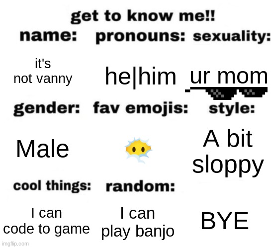 It is actually sad | it's not vanny; ur mom; he|him; 😶‍🌫; A bit sloppy; Male; BYE; I can play banjo; I can code to game | image tagged in get to know me but better | made w/ Imgflip meme maker