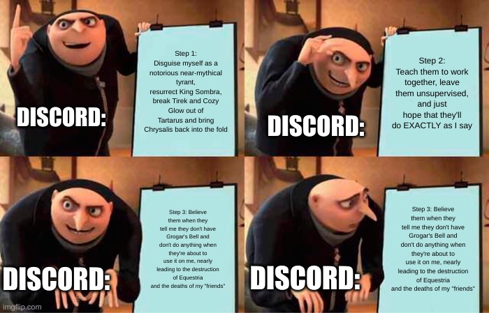 Gru's Plan Meme | Step 1: Disguise myself as a notorious near-mythical tyrant, resurrect King Sombra, break Tirek and Cozy Glow out of Tartarus and bring Chrysalis back into the fold; Step 2: Teach them to work together, leave them unsupervised, and just hope that they'll do EXACTLY as I say; DISCORD:; DISCORD:; Step 3: Believe them when they tell me they don't have Grogar's Bell and don't do anything when they're about to use it on me, nearly leading to the destruction of Equestria and the deaths of my "friends"; Step 3: Believe them when they tell me they don't have Grogar's Bell and don't do anything when they're about to use it on me, nearly leading to the destruction of Equestria and the deaths of my "friends"; DISCORD:; DISCORD: | image tagged in memes,gru's plan | made w/ Imgflip meme maker
