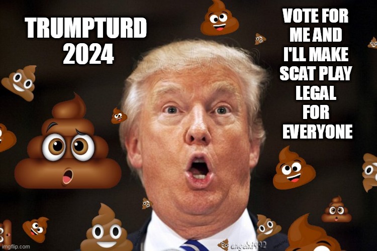 trump | VOTE FOR 
ME AND 
I'LL MAKE 
SCAT PLAY 
LEGAL 
FOR 
EVERYONE; TRUMPTURD 
2024 | image tagged in trump,clown car republicans,maga morons,scat,donald trump the clown,shit | made w/ Imgflip meme maker
