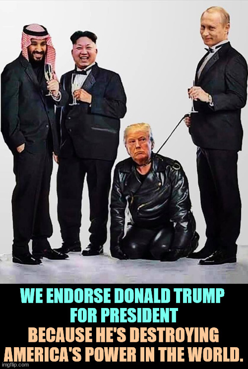 Dictators MBS, Kim, Putin and their pet clown Trump | WE ENDORSE DONALD TRUMP 
FOR PRESIDENT; BECAUSE HE'S DESTROYING AMERICA'S POWER IN THE WORLD. | image tagged in dictators mbs kim putin and their pet clown trump,dictator,mbs,kim jong un,vladimir putin,donald trump | made w/ Imgflip meme maker