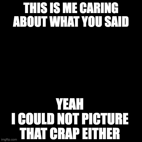 Me caring what you said | THIS IS ME CARING ABOUT WHAT YOU SAID; YEAH
I COULD NOT PICTURE THAT CRAP EITHER | image tagged in black | made w/ Imgflip meme maker