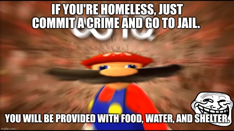 Duh | IF YOU'RE HOMELESS, JUST COMMIT A CRIME AND GO TO JAIL. YOU WILL BE PROVIDED WITH FOOD, WATER, AND SHELTER. | image tagged in infinity iq mario | made w/ Imgflip meme maker