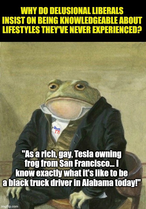 Remember when a lefty explained why Snow White is insensitive to little people...to an actual little person? It happened! | WHY DO DELUSIONAL LIBERALS INSIST ON BEING KNOWLEDGEABLE ABOUT LIFESTYLES THEY'VE NEVER EXPERIENCED? "As a rich, gay, Tesla owning frog from San Francisco... I know exactly what it's like to be a black truck driver in Alabama today!" | image tagged in feelings,liberal hypocrisy,this is getting out of hand,democratic party,socialism,biased media | made w/ Imgflip meme maker