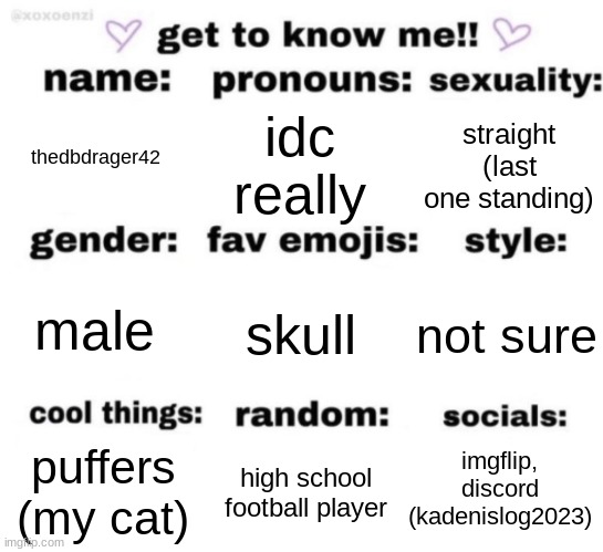 ig ill make this | thedbdrager42; idc really; straight (last one standing); skull; not sure; male; imgflip, discord (kadenislog2023); high school football player; puffers (my cat) | image tagged in get to know me but better | made w/ Imgflip meme maker