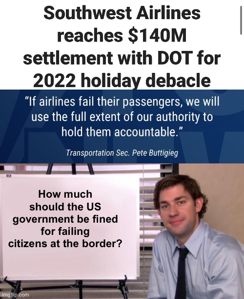 The US government’s failure is far greater than that of an airline | How much should the US government be fined for failing citizens at the border? | image tagged in jim halpert explains,government corruption,politics lol,memes,failure | made w/ Imgflip meme maker