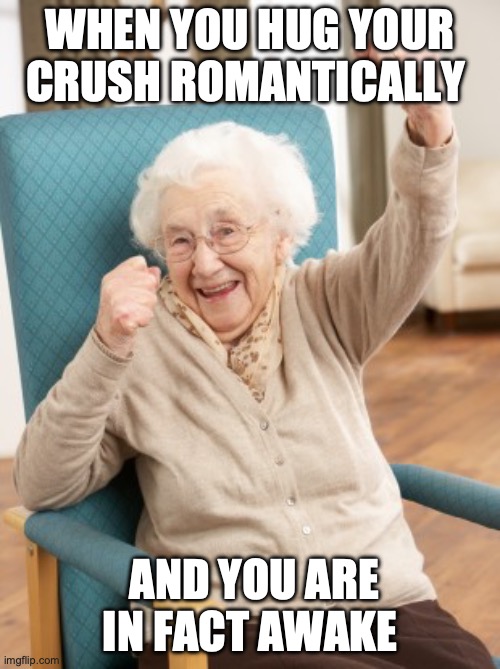 old woman cheering | WHEN YOU HUG YOUR CRUSH ROMANTICALLY; AND YOU ARE IN FACT AWAKE | image tagged in old woman cheering | made w/ Imgflip meme maker