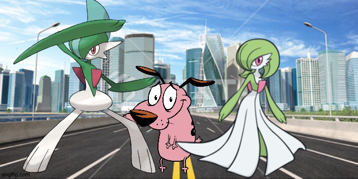 Courage,Gallade and Gardevoir enjoying a big city adventure | image tagged in city background,pokemon,courage the cowardly dog,crossover | made w/ Imgflip meme maker