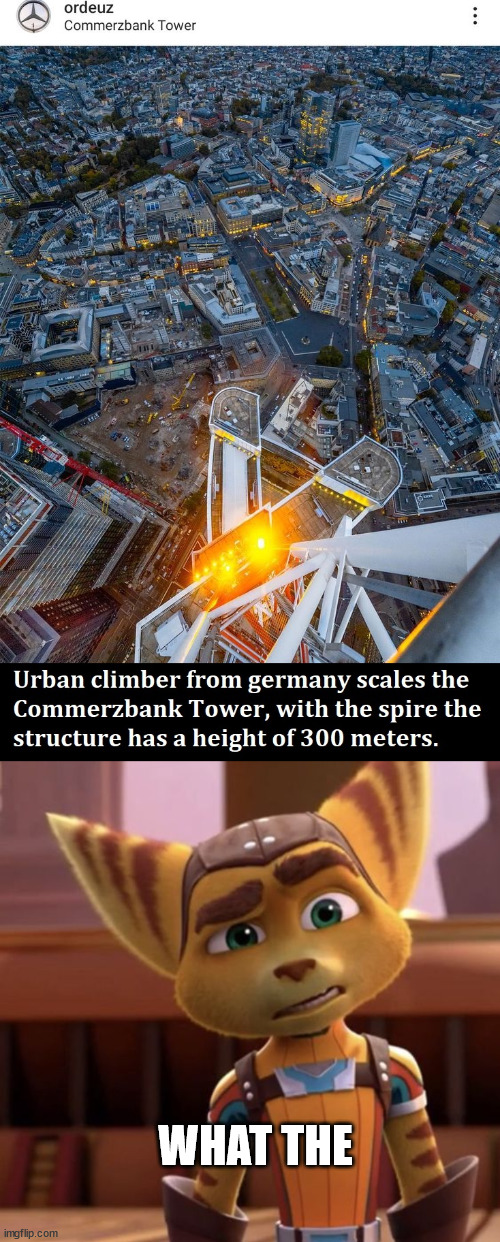 Ratchet | WHAT THE | image tagged in ratchet and clank,germany,lattice climbing,tower,template,frankfurt | made w/ Imgflip meme maker