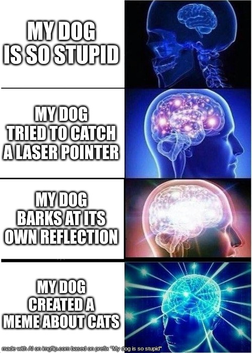 mmmm | MY DOG IS SO STUPID; MY DOG TRIED TO CATCH A LASER POINTER; MY DOG BARKS AT ITS OWN REFLECTION; MY DOG CREATED A MEME ABOUT CATS | image tagged in memes,expanding brain | made w/ Imgflip meme maker