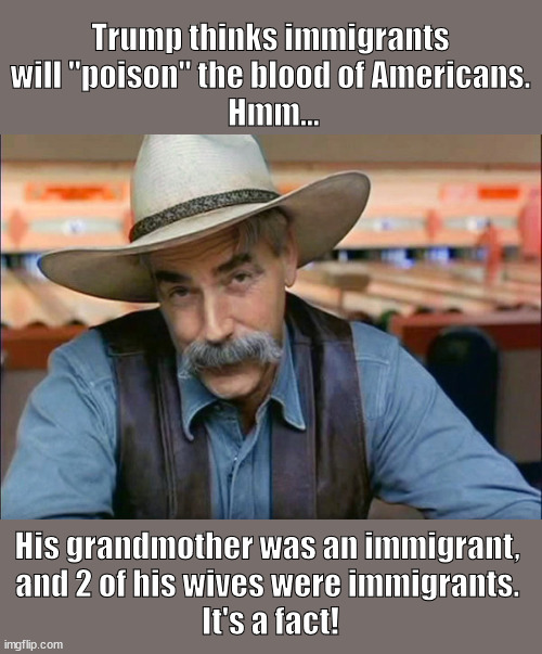 Trump has poison immigrant blood, too! | Trump thinks immigrants will "poison" the blood of Americans.
 Hmm... His grandmother was an immigrant, 
and 2 of his wives were immigrants. 
It's a fact! | image tagged in demented trump,idiot trump,fascist trump,anti democracy,dictator wannabe | made w/ Imgflip meme maker