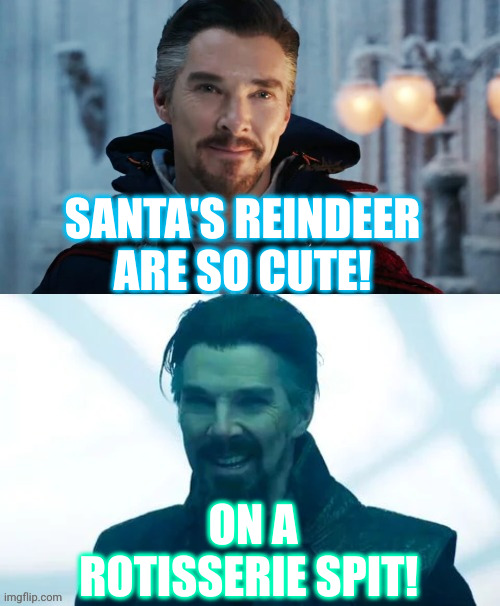 Dr. Strange & Santa's reindeer | SANTA'S REINDEER ARE SO CUTE! ON A ROTISSERIE SPIT! | image tagged in good and bad doctor strange,memes,santa claus,reindeer,rotisserie,tasty | made w/ Imgflip meme maker
