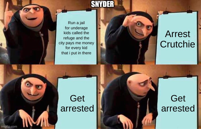 Well, snyder, that worked out well for ya! | SNYDER; Run a jail for underage kids called the refuge and the city pays me money for every kid that i put in there; Arrest Crutchie; Get arrested; Get arrested | image tagged in memes,gru's plan,newsies | made w/ Imgflip meme maker
