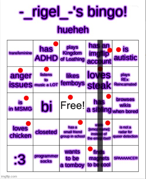 I'm literally doing every bingo I can, because I want to see how similar I am to others. Send me your bingos!!!! | image tagged in rigel's bingo | made w/ Imgflip meme maker