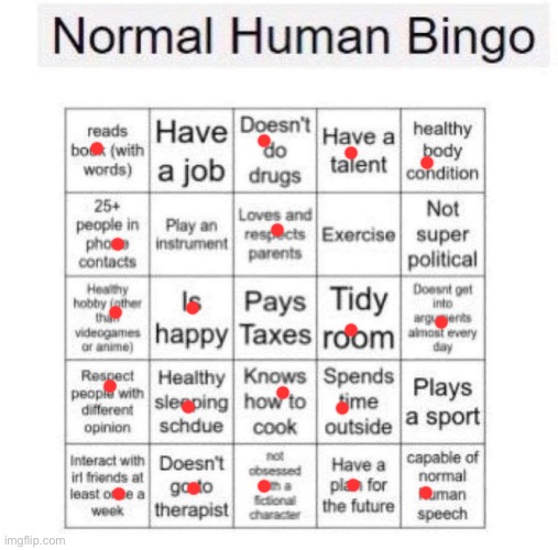 Normal human bingo | image tagged in normal human bingo | made w/ Imgflip meme maker