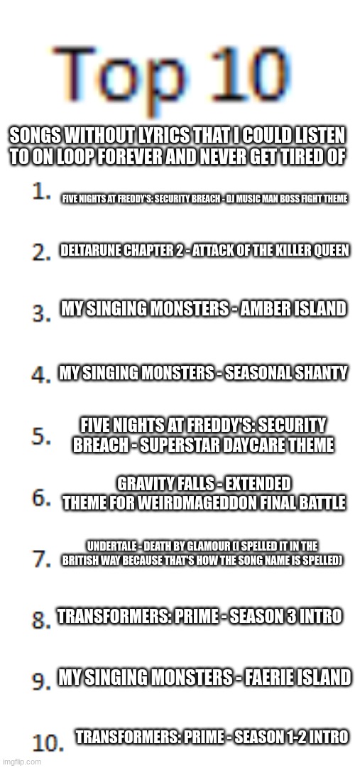 Just so you guys know, this is inaccurate because they are all tied for my first place spot. | SONGS WITHOUT LYRICS THAT I COULD LISTEN TO ON LOOP FOREVER AND NEVER GET TIRED OF; FIVE NIGHTS AT FREDDY'S: SECURITY BREACH - DJ MUSIC MAN BOSS FIGHT THEME; DELTARUNE CHAPTER 2 - ATTACK OF THE KILLER QUEEN; MY SINGING MONSTERS - AMBER ISLAND; MY SINGING MONSTERS - SEASONAL SHANTY; FIVE NIGHTS AT FREDDY'S: SECURITY BREACH - SUPERSTAR DAYCARE THEME; GRAVITY FALLS - EXTENDED THEME FOR WEIRDMAGEDDON FINAL BATTLE; UNDERTALE - DEATH BY GLAMOUR (I SPELLED IT IN THE BRITISH WAY BECAUSE THAT'S HOW THE SONG NAME IS SPELLED); TRANSFORMERS: PRIME - SEASON 3 INTRO; MY SINGING MONSTERS - FAERIE ISLAND; TRANSFORMERS: PRIME - SEASON 1-2 INTRO | image tagged in top 10 list | made w/ Imgflip meme maker