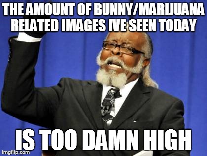 Too Damn High Meme | THE AMOUNT OF BUNNY/MARIJUANA RELATED IMAGES IVE SEEN TODAY  IS TOO DAMN HIGH | image tagged in memes,too damn high,AdviceAnimals | made w/ Imgflip meme maker