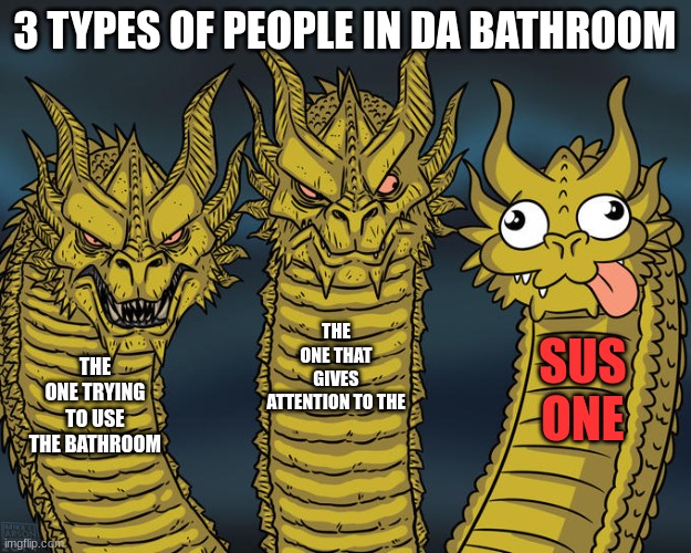 am i wrong | 3 TYPES OF PEOPLE IN DA BATHROOM; THE ONE THAT GIVES ATTENTION TO THE; SUS ONE; THE ONE TRYING TO USE THE BATHROOM | image tagged in three-headed dragon | made w/ Imgflip meme maker