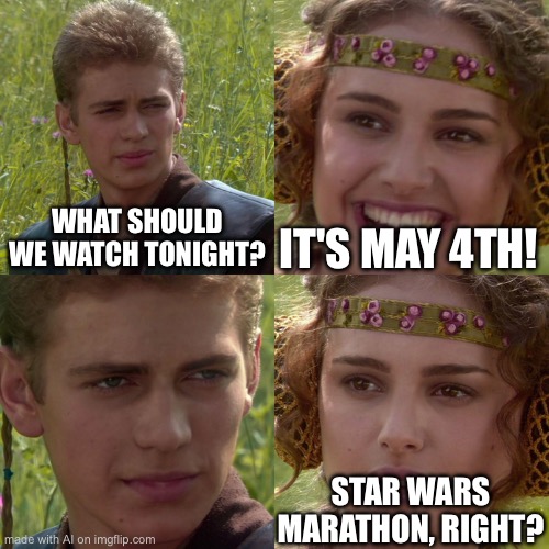 Fitting template, too | WHAT SHOULD WE WATCH TONIGHT? IT'S MAY 4TH! STAR WARS MARATHON, RIGHT? | image tagged in anakin padme 4 panel | made w/ Imgflip meme maker