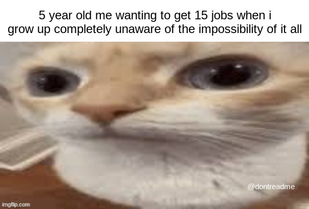 5 year old me wanting to get 15 jobs when i grow up completely unaware of the impossibility of it all; @dontreadme | made w/ Imgflip meme maker