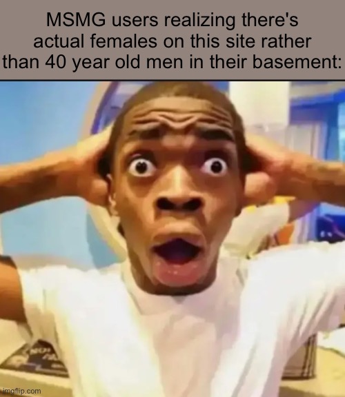 Surprised Black Guy | MSMG users realizing there's actual females on this site rather than 40 year old men in their basement: | image tagged in surprised black guy | made w/ Imgflip meme maker