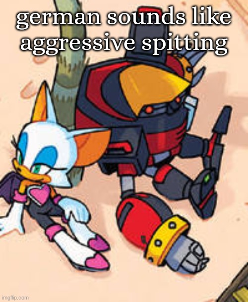 rouge and omega | german sounds like aggressive spitting | image tagged in rouge and omega | made w/ Imgflip meme maker