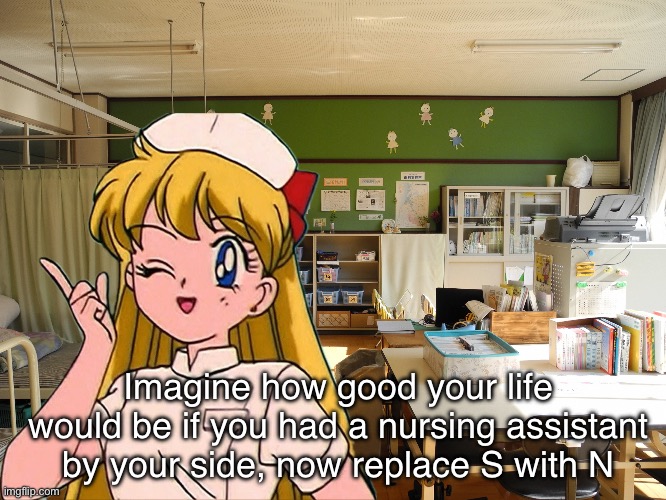 Imagine how good your life would be if you had a nursing assistant by your side, now replace S with N | image tagged in memes,sailor moon,shitpost,bone apple tee,stroke | made w/ Imgflip meme maker