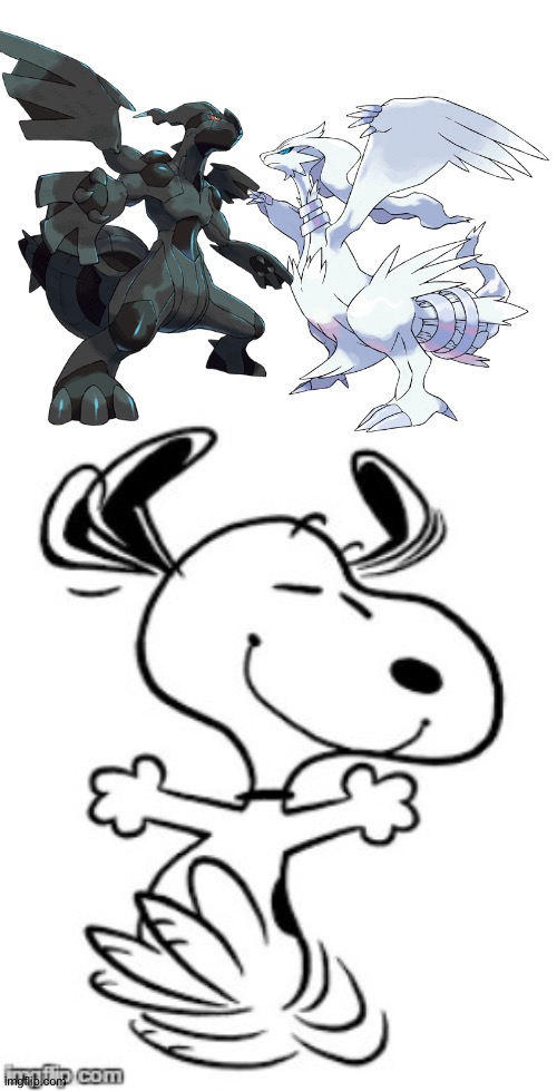 Snoopy loves Zekrom and Reshiram as a couple | image tagged in snoopy's happy dance,pokemon | made w/ Imgflip meme maker