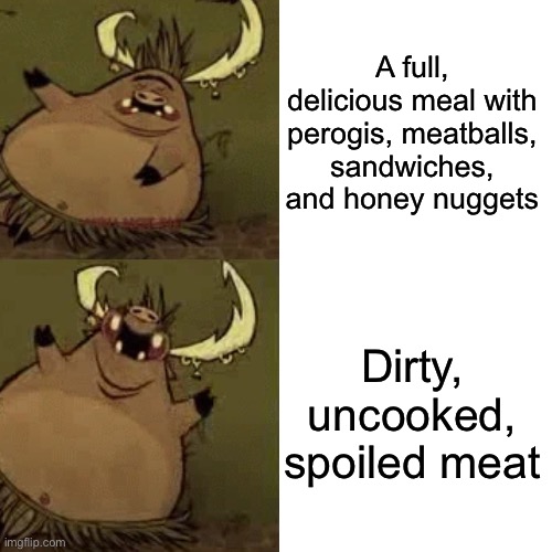 Drake Hotline Bling Meme | A full, delicious meal with perogis, meatballs, sandwiches, and honey nuggets; Dirty, uncooked, spoiled meat | image tagged in memes,drake hotline bling,dontstarve | made w/ Imgflip meme maker