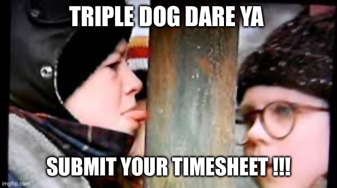 Triple dog dare ya | TRIPLE DOG DARE YA; SUBMIT YOUR TIMESHEET !!! | image tagged in christmas story licking pole,timesheet | made w/ Imgflip meme maker