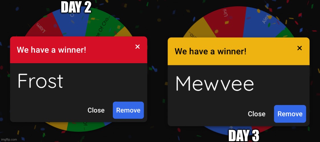 Frost and Mewvee have been eliminated! Better luck next time! | DAY 2; DAY 3 | image tagged in wheel of elimination | made w/ Imgflip meme maker