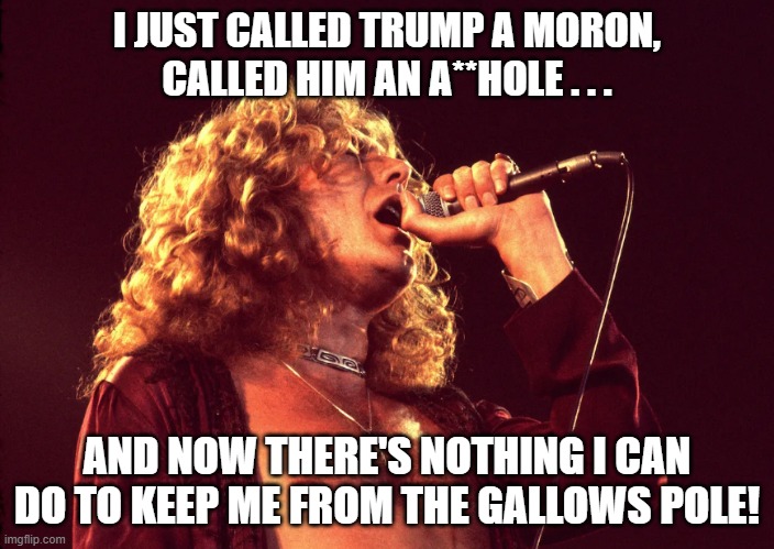 Robert Plant Donald Trump Gallows Pole | I JUST CALLED TRUMP A MORON, CALLED HIM AN A**HOLE . . . AND NOW THERE'S NOTHING I CAN DO TO KEEP ME FROM THE GALLOWS POLE! | image tagged in robert plant,donald trump,led zeppelin,gallows pole,trump will make dissent a capital crime,i hate donald trump | made w/ Imgflip meme maker