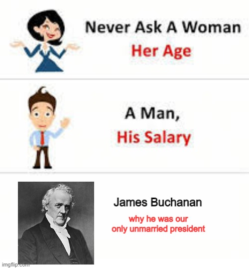 He was Light in His Loafers | James Buchanan; why he was our only unmarried president | image tagged in never ask a woman her age | made w/ Imgflip meme maker