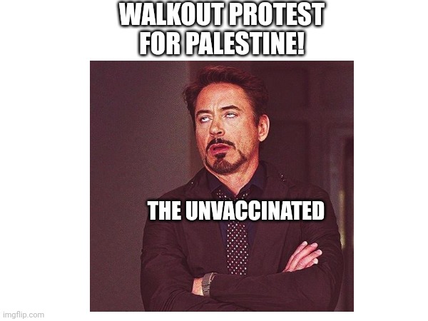 Blind leading the blind | WALKOUT PROTEST FOR PALESTINE! THE UNVACCINATED | image tagged in robert downey jr annoyed | made w/ Imgflip meme maker