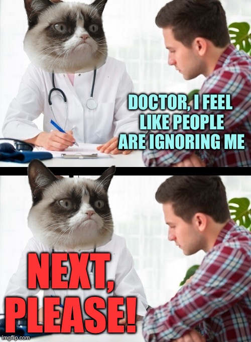 Grumpy Doctor | DOCTOR, I FEEL 
LIKE PEOPLE ARE IGNORING ME; NEXT, PLEASE! | image tagged in doctor and patient,memes | made w/ Imgflip meme maker