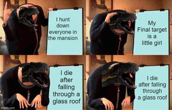 Gru's Plan | I hunt down everyone in the mansion; My Final target is a little girl; I die after falling through a glass roof; I die after falling through a glass roof | image tagged in memes,gru's plan | made w/ Imgflip meme maker