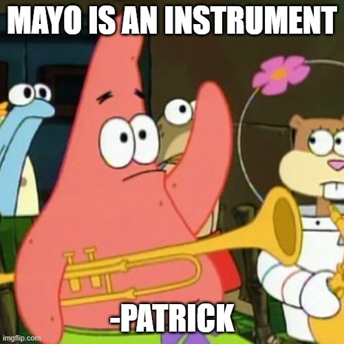 No Patrick | MAYO IS AN INSTRUMENT; -PATRICK | image tagged in memes,no patrick | made w/ Imgflip meme maker