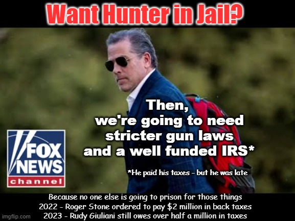 How to put Hunter in Prison | Want Hunter in Jail? Then, 
we're going to need
stricter gun laws
and a well funded IRS*; *He paid his taxes - but he was late; Because no one else is going to prison for those things
2022 - Roger Stone ordered to pay $2 million in back taxes
2023 - Rudy Giuliani still owes over half a million in taxes | made w/ Imgflip meme maker