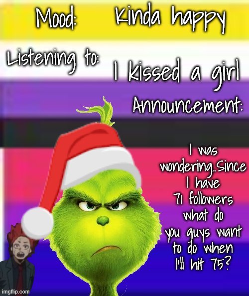 Queer Kirishimas babe announcement template special Christmas | Kinda happy; I kissed a girl; I was wondering..Since I have 71 followers what do you guys want to do when I'll hit 75? | image tagged in queer kirishimas babe announcement template special christmas | made w/ Imgflip meme maker