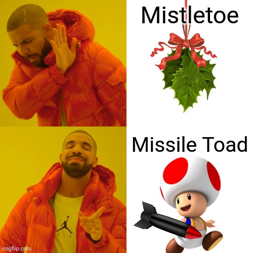 Missile Toad | Mistletoe; Missile Toad | image tagged in memes,drake hotline bling,mistletoe,missile,toad,christmas | made w/ Imgflip meme maker
